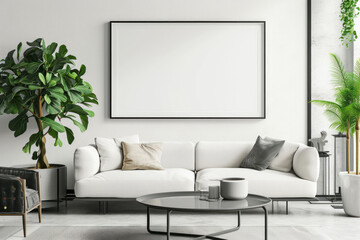 A living room featuring a white couch and a coffee table