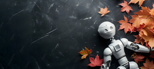 Robot with yellow maple leaves on the background of a black chalkboard, the concept of modern technologies in learning and back to school. Copy space