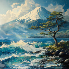 Oil painting on canvas of mount fuji. Modern art paintings brush stroke.