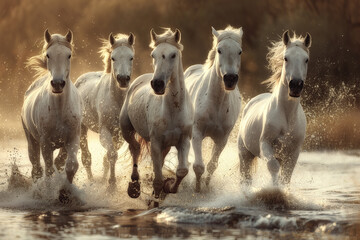 Obraz premium Group of white horses running in the water, AI generated