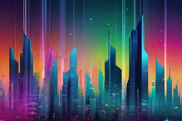 Tuinposter Experience the fusion of an enchanted forest and futuristic cyber city in a colorful gradient background. © Amila Vector