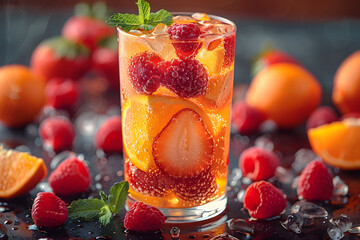 Orange flavored summer cocktail in a tall glass served with strawberries and raspberries 