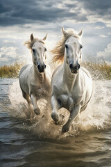 Obraz na płótnie Canvas Two white horses running in the water, AI generated