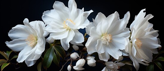White blossoms in a cluster, situated on a thin twig against a blurred background of green foliage