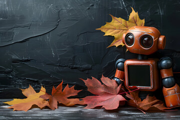 Robot with autumn maple leaves on the background of a black chalkboard, the concept of modern technologies in learning and back to school. Copy space