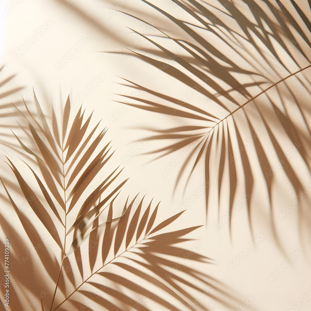Poster blurred shadow from palm leaves on light cream wall. minimalistic beautiful summer spring background