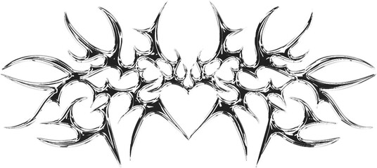Cool Y2k Neo Tribal Heart Chrome Metal Sign Vector Design. Cyber Sigilism Love Graphic Element.