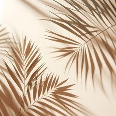 Blurred shadow from palm leaves on light cream wall. Minimalistic beautiful summer spring background for product presentation generated by ai