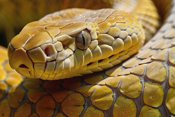 Close up of a stylized yellow python, AI generated