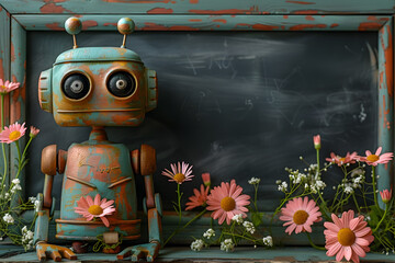Robot on the background of a black chalkboard and flowers, the concept of modern technologies in learning and back to school