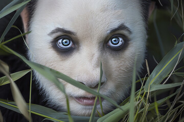 Imaginary giant panda with human face and eyes, AI generated