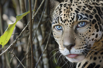 Imaginary jaguar with human face and eyes, AI generated