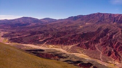 Aerial shot of the Serrania de Hornocal mountain range in Jujuy province, Argentina.
