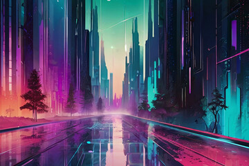 Experience the fusion of an enchanted forest and futuristic cyber city in a colorful gradient background.