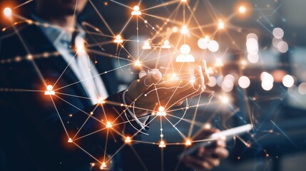 Obraz premium Businessman hold circle of network structure HR Human resources. Business leadership concept. Management and recruitment. Social network. Different person, business, leader