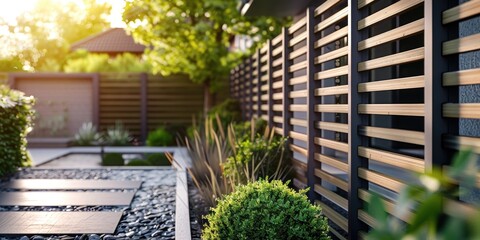 A modern backyard with wooden fence - 774109832