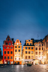 Stockholm, Sweden. Famous Old Colorful Houses, Swedish Academy and Nobel Museum In Old Square...