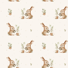 Bunny watering a flower. Watercolor vector seamless pattern - 774109899