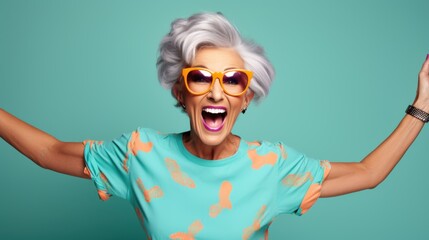hooray elder woman indicate empty space wear spectacles shirt isolated on color background, joyful, cheerful, adult, achievement, retirement, happy, happiness, success - obrazy, fototapety, plakaty