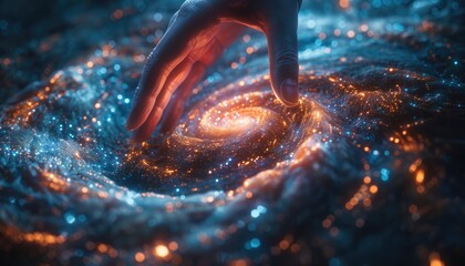 A hand is reaching out into a galaxy of stars by AI generated image - obrazy, fototapety, plakaty