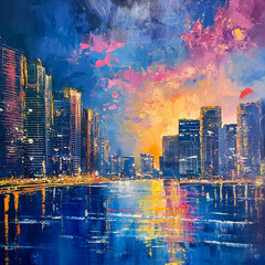 Skyline showing buildings city view. Original oil painting on canvas - obrazy, fototapety, plakaty