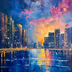 Fotobehang Skyline showing buildings city view. Original oil painting on canvas © somwut