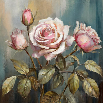 Oil painting with flower rose, leaves. Botanic print background on canvas