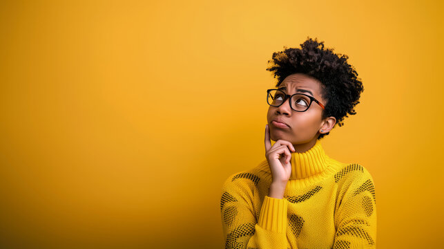 A woman in yellow sweater and glasses is thinking with hand on chin against yellow background with copy space