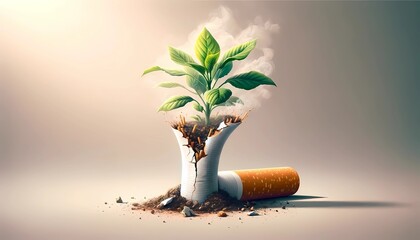 No Tobacco day concept with cigarette broken with a plant growing for Stop smockIng campaign  - obrazy, fototapety, plakaty