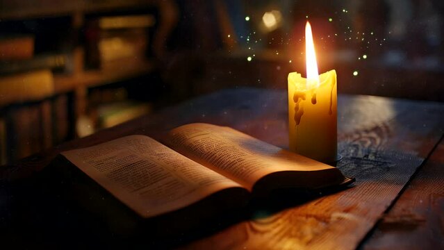 open book near candle at night, reading book when past ago classic video footage looping background 4k