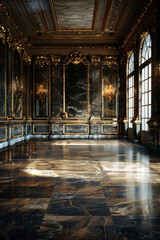 Fototapeta na wymiar An empty room with an elegant grand design using marble and gold color