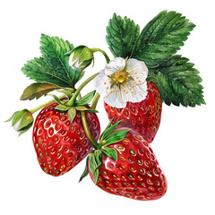 Strawberry, Fragaria vesca, Watercolor illustration