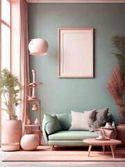 A living room with a pink wall and couch with frame template.