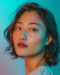 Confident Skincare Portrait of Asian Model with Brown Hair

