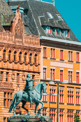 Stockholm, Sweden. Statue Of Former Swedish King Karl XIV Johan Sitting On A Horse Royal Palace....