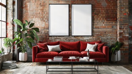 Living room interior with red sofa, coffee table and mock up poster. 3d render. AI generative.