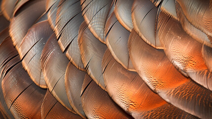 The close-up photo shows the gold-orange feathers in incredible detail, revealing their delicate structure - obrazy, fototapety, plakaty