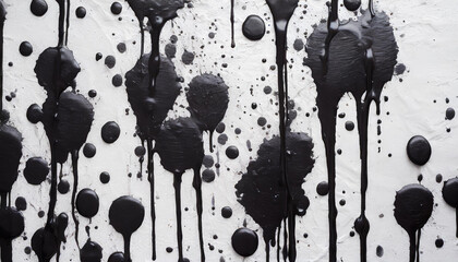 Black paint drops, splatters on white textured wall. Abstract background. Art brush stroke.