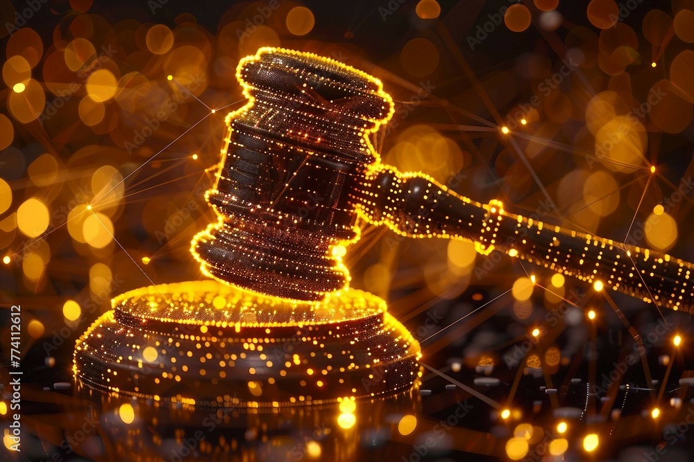 Poster high tech yellow digital gavel surrounded by digital data on yellow bokeh background , representing 