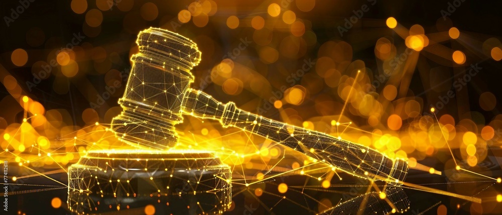 Poster high tech yellow digital gavel surrounded by digital data on yellow bokeh background , representing 