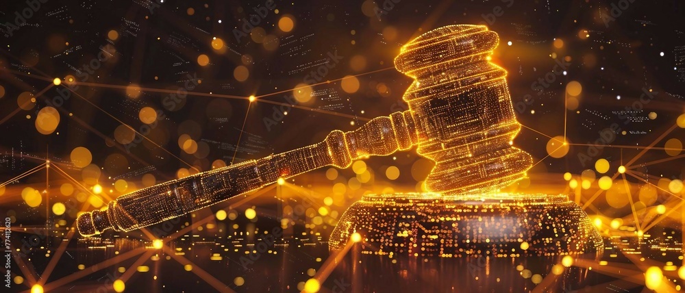 Poster high tech yellow digital gavel surrounded by digital data on yellow bokeh background , representing 