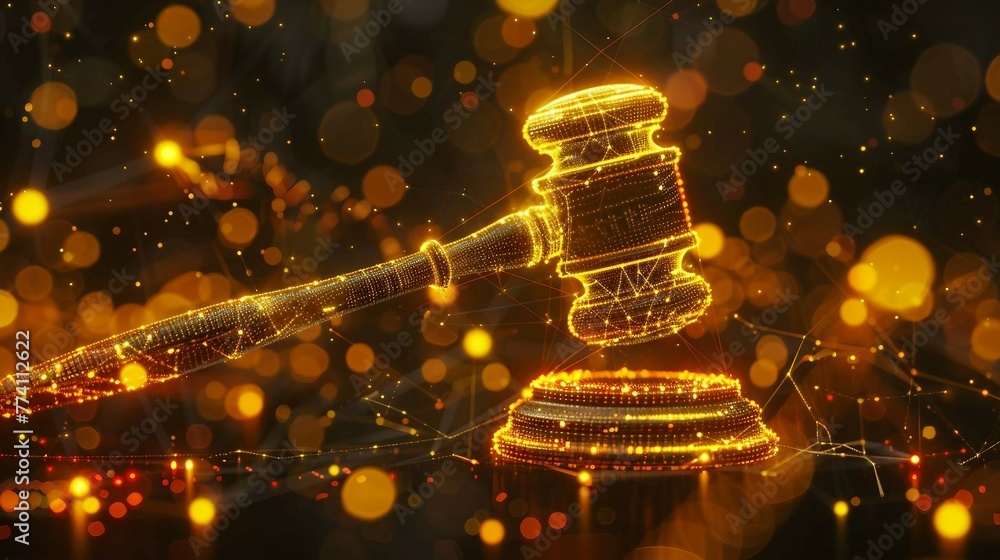Poster high tech yellow digital gavel surrounded by digital data on yellow bokeh background , representing 
