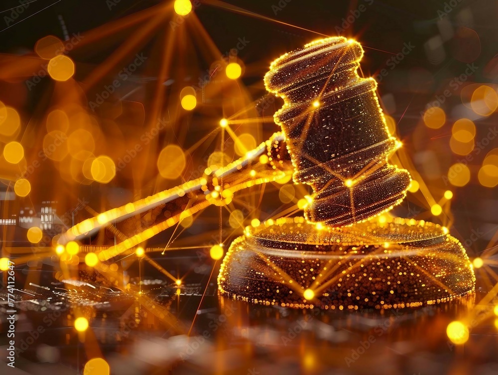 Poster high tech yellow digital gavel surrounded by digital data on yellow bokeh background , representing 
