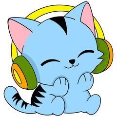 blue cat sitting wearing headphones listening to music