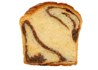 A close-up with a slice of walnut cake on a white background