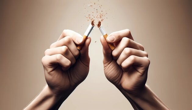 No tobacco day with hands breaking a cigarette for powerful visual metaphor for the decision to quit smoking and healthy lifestyle 