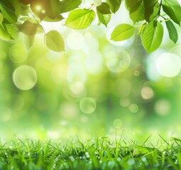 Naklejka premium Spring background with green leaves and grass, in the style of bokeh