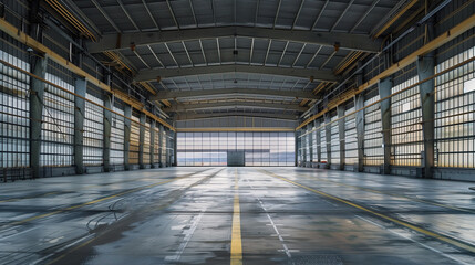 Large aircraft hangar interior environment,created with Generative AI tecnology.
 - obrazy, fototapety, plakaty