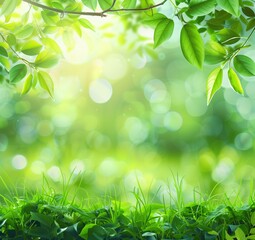 spring green background with leaves and grass