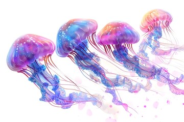 Ethereal Dance of Immortal Jellyfish Vibrant Neon Bioluminescent Aquatic Creatures in a Dreamlike Watercolor - obrazy, fototapety, plakaty